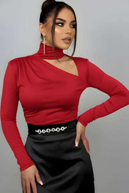 Maleta de Dama, din Lycra, cu Decupaj si Maneci Lungi, Christal, Rosie