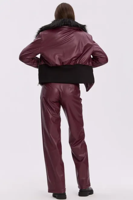 Pantalon de Dama, din Piele Ecologica, Croi Lejer si Talie Inalta, Azzurro, Burgundy