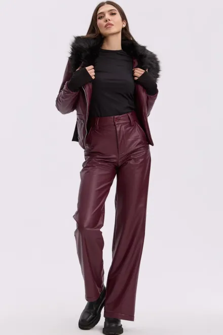 Pantalon de Dama, din Piele Ecologica, Croi Lejer si Talie Inalta, Azzurro, Burgundy