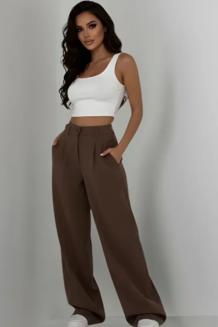 Pantalon Lejer de Dama, din Bistrech, cu Buzunare, Vibbes, Maro