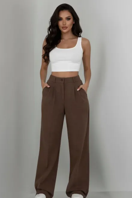 Pantalon Lejer de Dama, din Bistrech, cu Buzunare, Vibbes, Maro