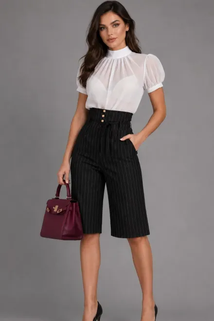 Pantalon Trei Sferturi de Dama, din Bistrech, cu Talie Inalta, Vamos, Negru