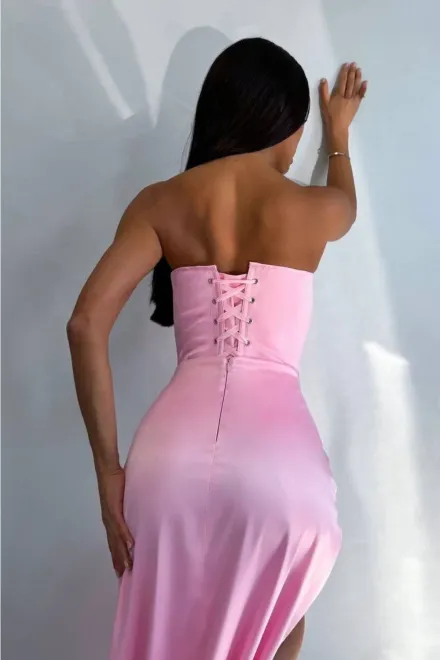 Rochie Dama Eleganta, din Satin, cu Corset Incheiat in Siret pe Spate si Crapatura Adanca, MyPearl, Roz