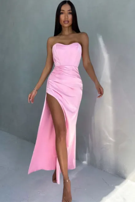 Rochie Dama Eleganta, din Satin, cu Corset Incheiat in Siret pe Spate si Crapatura Adanca, MyPearl, Roz