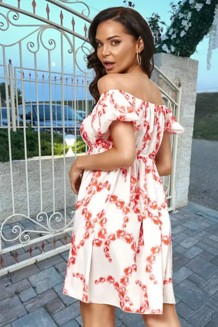 Rochie Dama pe Umeri ,cu Imprimeu Trandafiri si Maneci Scurte Bufante, Multicolora