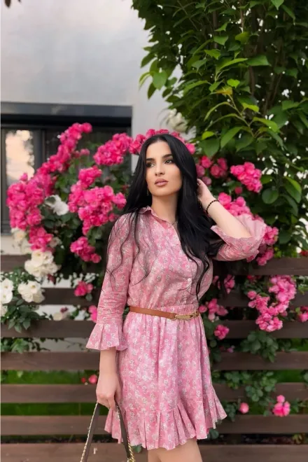 Rochie Dama, Tip Camasa, cu Maneci Trei Sferturi,Mansete cu Volanas, si Jupa ca Dublura, Blooming, Floral