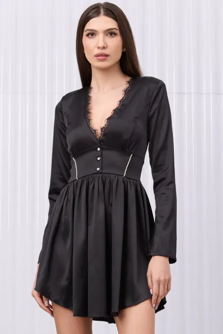 Rochie de Dama, Asimetrica, din Satin, Accesorizata cu Dantela pe Bust si Pietre in Talie, Gulseren, Neagra