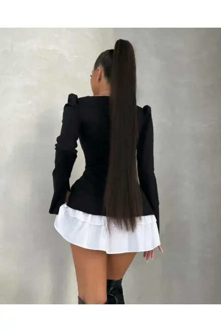 Rochie de Dama, cu Decolteu Patrat, cu Insertie Poplin Alb si Maneci Crapate, Pettite, Neagra