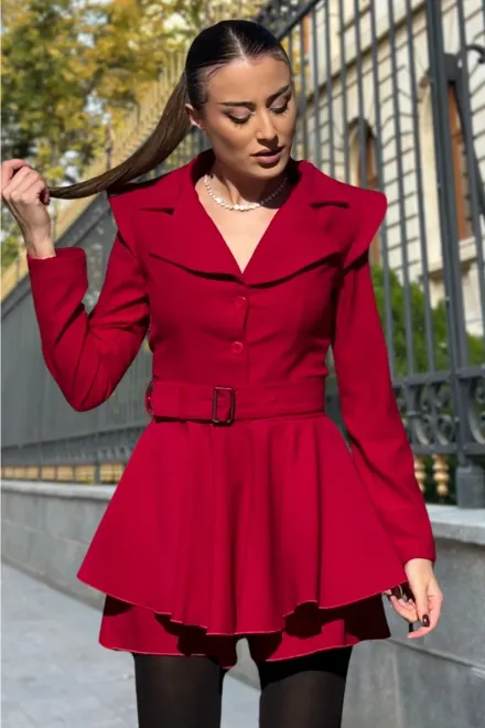 Rochie de Dama, cu Fusta Pantalon si Centura in Talie, Malina, Burgundy