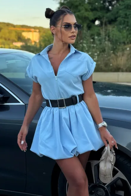  Rochie de Dama, din Bistrech, cu Fusta Tip Gogosar si Maneci Scurte, Bliss, Bleu picture - 7