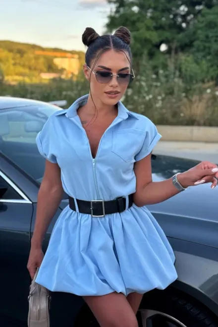  Rochie de Dama, din Bistrech, cu Fusta Tip Gogosar si Maneci Scurte, Bliss, Bleu picture - 6