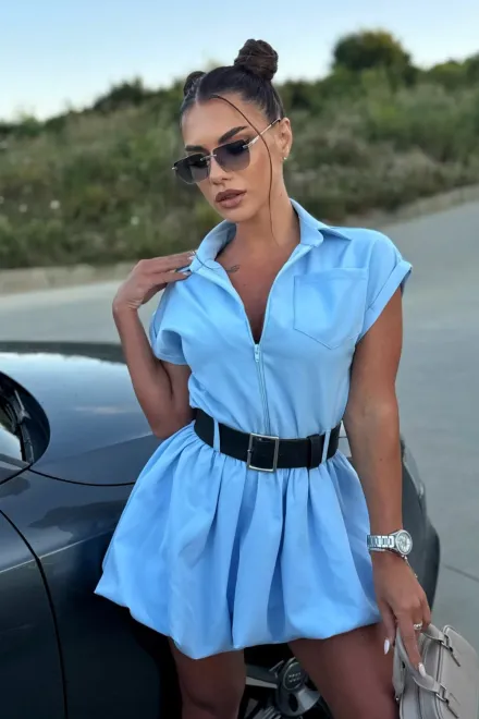  Rochie de Dama, din Bistrech, cu Fusta Tip Gogosar si Maneci Scurte, Bliss, Bleu picture - 5
