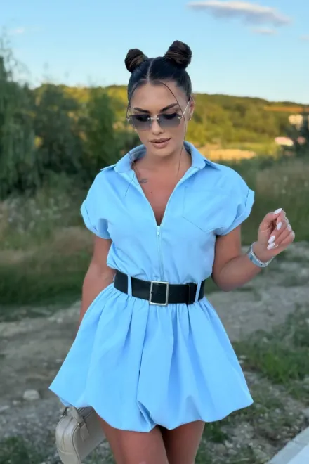  Rochie de Dama, din Bistrech, cu Fusta Tip Gogosar si Maneci Scurte, Bliss, Bleu picture - 3