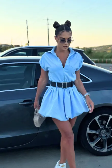  Rochie de Dama, din Bistrech, cu Fusta Tip Gogosar si Maneci Scurte, Bliss, Bleu picture - 4