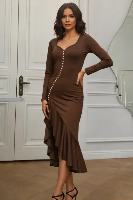 Rochie de Dama, din Lycra, Accesorizata cu Volane, Havven, Maro Inchis