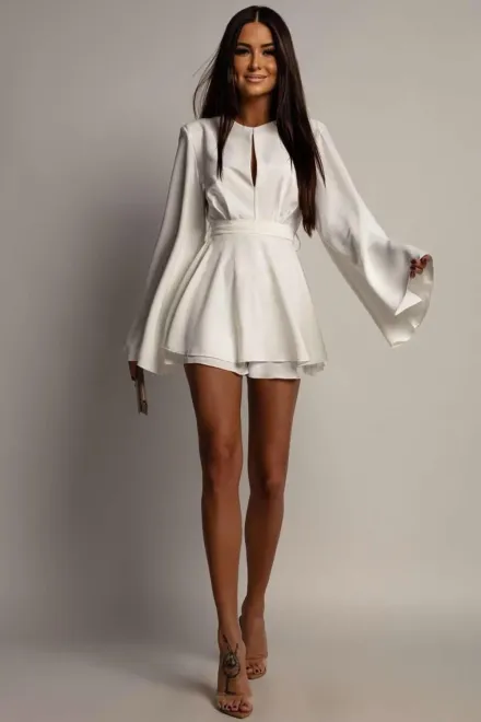 Rochie de Dama, din Voal Mat, cu Fusta Pantalon si Maneci Lungi Evazate, Sunset, Alba
