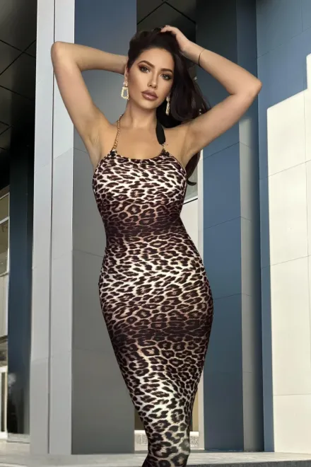 Rochie de Dama, Mulata pe Corp, cu Lant dupa Gat si Crapatura Adanca Incheiata in Fermoar, Felinne, Leopard picture - 10