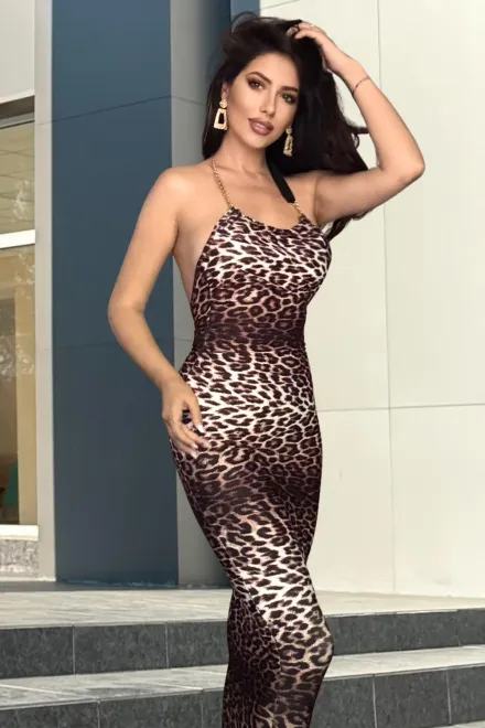 Rochie de Dama, Mulata pe Corp, cu Lant dupa Gat si Crapatura Adanca Incheiata in Fermoar, Felinne, Leopard picture - 11