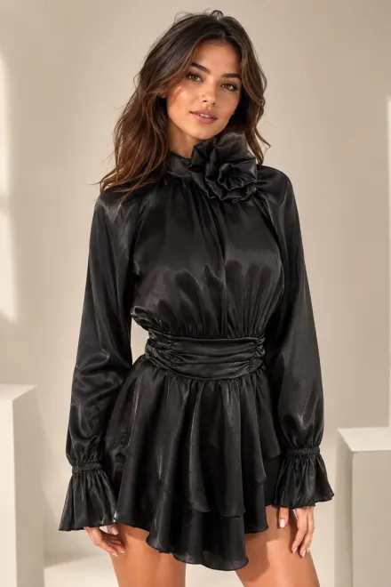 Rochie de Dama, Scurta, cu Maneci Lungi si Volane, din Satin, Xalya, Neagru