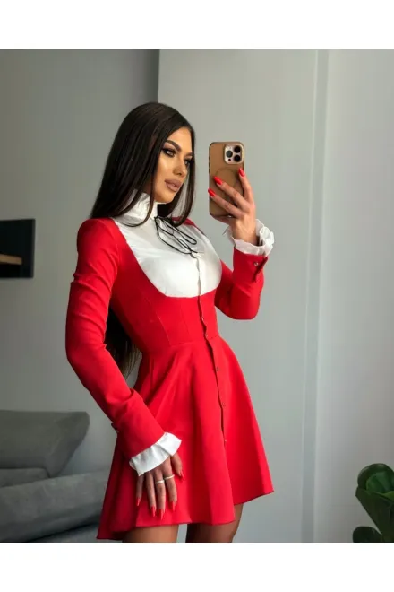 Rochie de Dama, Tip sacou, cu Poplin Alb  si Maneci Lungi, Lorelay, Rosie
