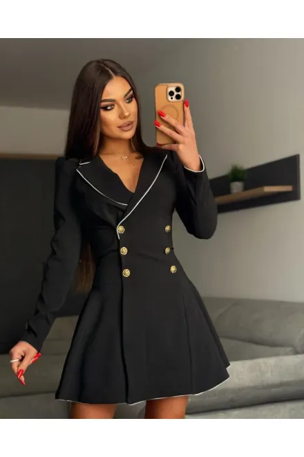 Rochie de Dama, Tip Sacou, din Bistrech, cu Inchidere Nasturi, Briar, Neagra