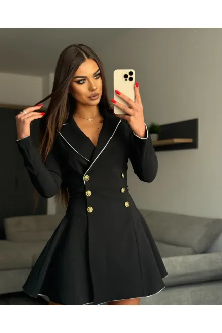 Rochie de Dama, Tip Sacou, din Bistrech, cu Inchidere Nasturi, Briar, Neagra