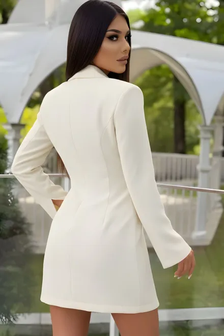 Rochie de Dama, Tip Sacou, din Bistrech, cu Inchidere Nasturi si Maneci Crapate, Galatheea, Ivoire