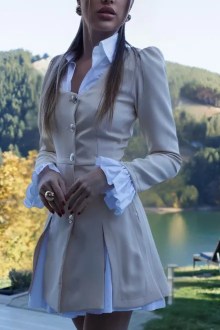 Rochie de Dama, Tip Sacou, din Bistrech, cu Poplin Alb si Crapaturi Decorative, School, Bej picture - 3