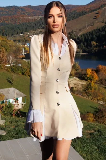 Rochie de Dama, Tip Sacou, din Bistrech, cu Poplin Alb si Crapaturi Decorative, School, Bej