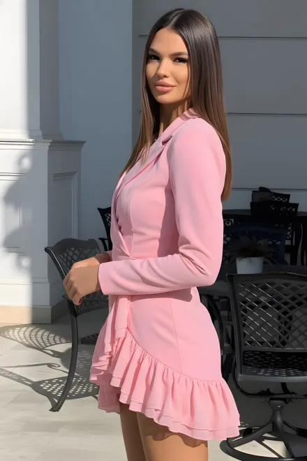 Rochie de Dama, Tip Sacou, Petrecuta, cu Volane si Maneci Lungi, Sylphira, Roz