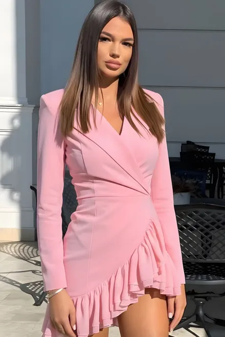 Rochie de Dama, Tip Sacou, Petrecuta, cu Volane si Maneci Lungi, Sylphira, Roz