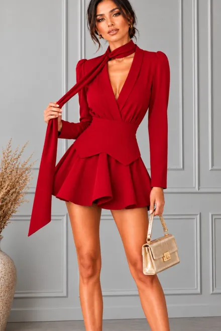 Rochie din Bistrech Scurta, cu Cordon Decorativ la Gat, cu Maneci Lungi si Brau Detasabil, Podiums, Rosu
