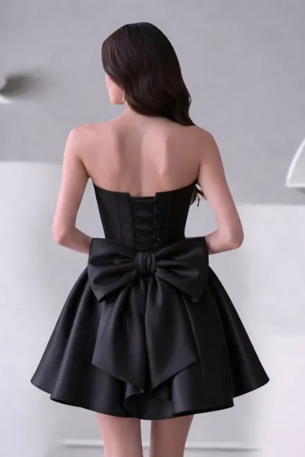 Rochie din Tafta Lucioasa, Scurta, cu Siret Reglabil  si Accesorizata cu Funda la Spate, Verra, Neagra picture - 3