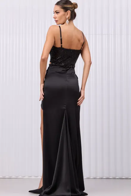 Rochie Eleganta, Asimetrica, cu Bust din Paiete, in Bretele si Decolteu Adanc, Decupat Asimetric, Glitters, Negru