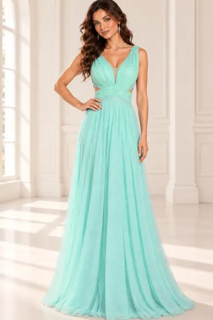 Rochie Eleganta, cu Decolteu in V, Talie Drapata, Decupaje Laterale si Fusta Lunga din Tulle cu Sclipici, Nyxara, Aqua