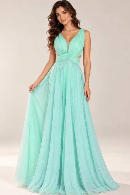 Rochie Eleganta, cu Decolteu in V, Talie Drapata, Decupaje Laterale si Fusta Lunga din Tulle cu Sclipici, Nyxara, Aqua