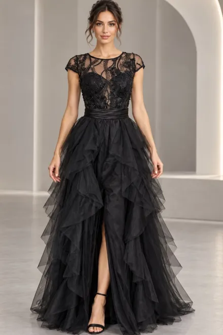 Rochie Eleganta, cu Maneci Scurte si Fusta Lunga din Tulle cu Volane si Despicatura Frontala, Nerisse, Negru