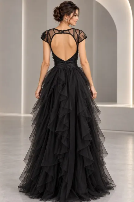 Rochie Eleganta, cu Maneci Scurte si Fusta Lunga din Tulle cu Volane si Despicatura Frontala, Nerisse, Negru