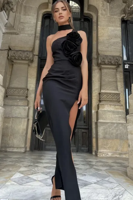 Rochie Eleganta de Dama, Crapata pe Picior, Accesorizata cu Trandafiri, Amazing, Neagra