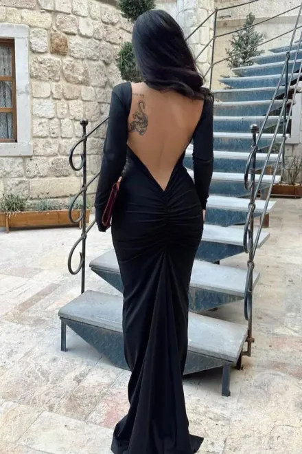 Rochie Eleganta de Dama, din Lycra, cu Spate Gol si Maneci Lungi, Serenitte, Neagra