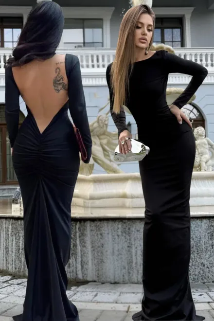 Rochie Eleganta de Dama, din Lycra, cu Spate Gol si Maneci Lungi, Serenitte, Neagra
