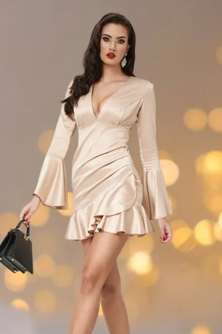 Rochie Eleganta de Dama, din Satin, Maneci Evazate si Fusta Petrecuta, Chantelle, Aurie