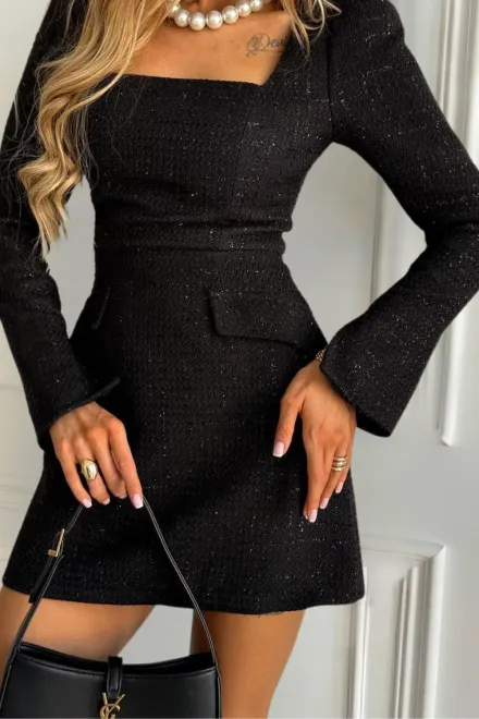 Rochie Eleganta de Dama ,din Stofa Buclata ,cu Maneci Lungi ,Nahla ,Neagra