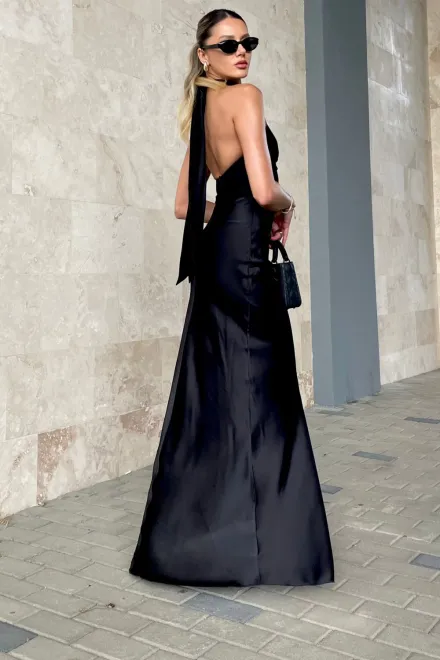 Rochie Eleganta de Dama, Fara Maneci, cu Spate Gol si Prindere dupa Gat  cu Cordon, Marybell, Neagra