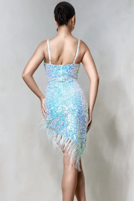 Rochie Eleganta, din Paiete, in Bretele Subtiri si Accesorizata cu Fulgi, Anemonne, Blue