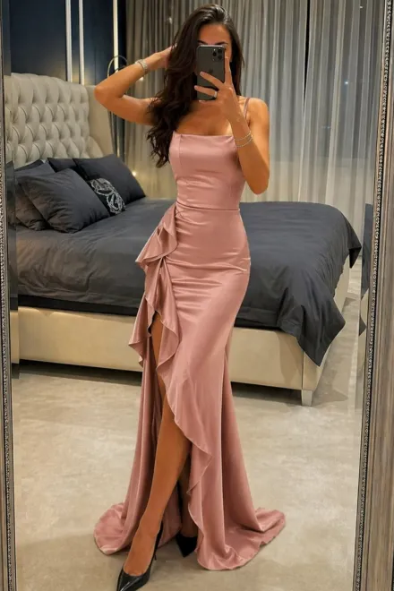 Rochie Lunga de Dama, cu Inchidere Fermoar si Decupaj pe Picior, din Satin, Bej