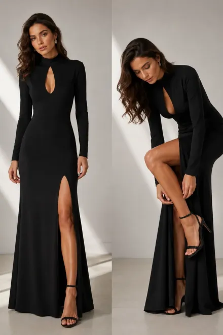 Rochie Lunga de Dama, din Lycra, cu Crapatura pe Picior si Maneci Lungi, Ravenna, Negru