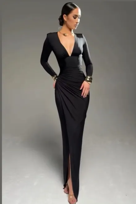 Rochie Lunga de Dama, din Lycra, cu Maneci Lungi, Petrecuta pe Sold, Rich, Neagra