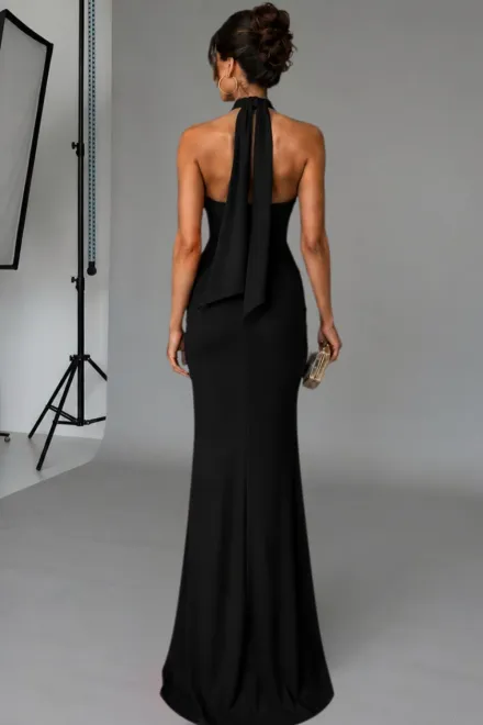 Rochie Lunga de Dama, din Lycra, Fara Maneci, Crapata pe Picior, Andalluse, Neagra