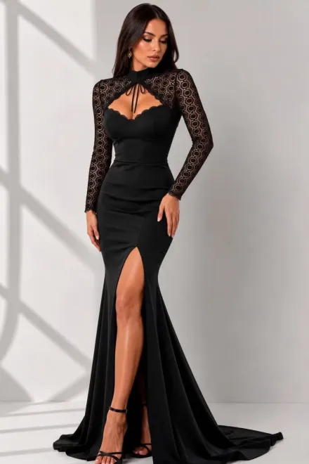 Rochie Lunga de Dama, din Lycra, Tip Sirena, cu Maneci din Dantela, Andre, Negru